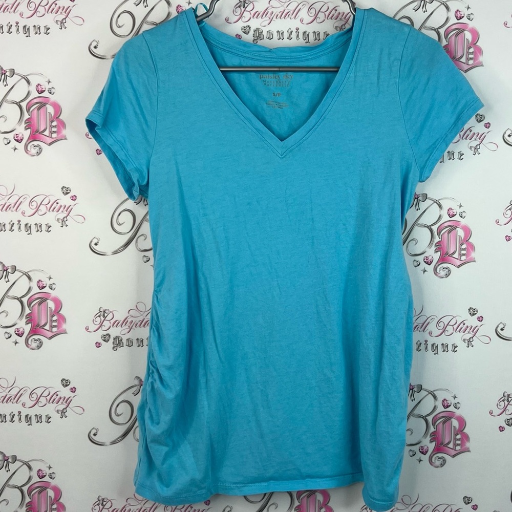 Paisley Sky tshirt tee bright aqua blue Turquoise V-Neck Short Sleeve Top cinch